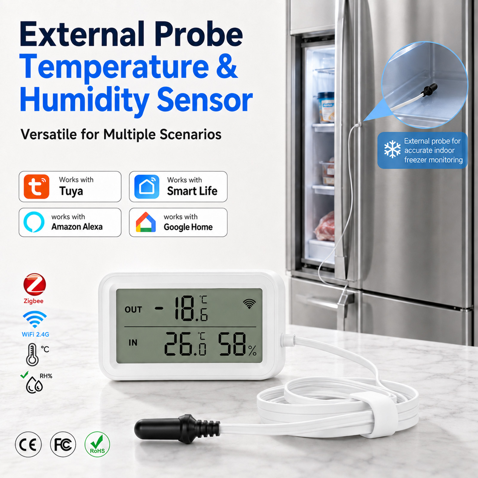 Temperature Humidity Sensor - 外部防水プローブ温度湿度センサー Tuya WiFi LCD温度計湿度計 冷蔵庫、水槽、プール用 Alexa対応